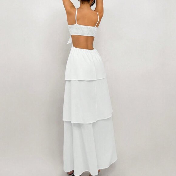 White Elegant Romantic Women's 3D Flower Strap Dress - Graduation/Wedding Season - Picture 3 of 5